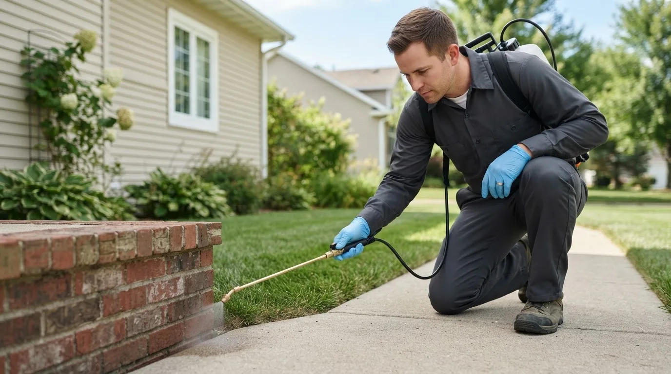 Pest control technician treating a home near Glencliff, NH